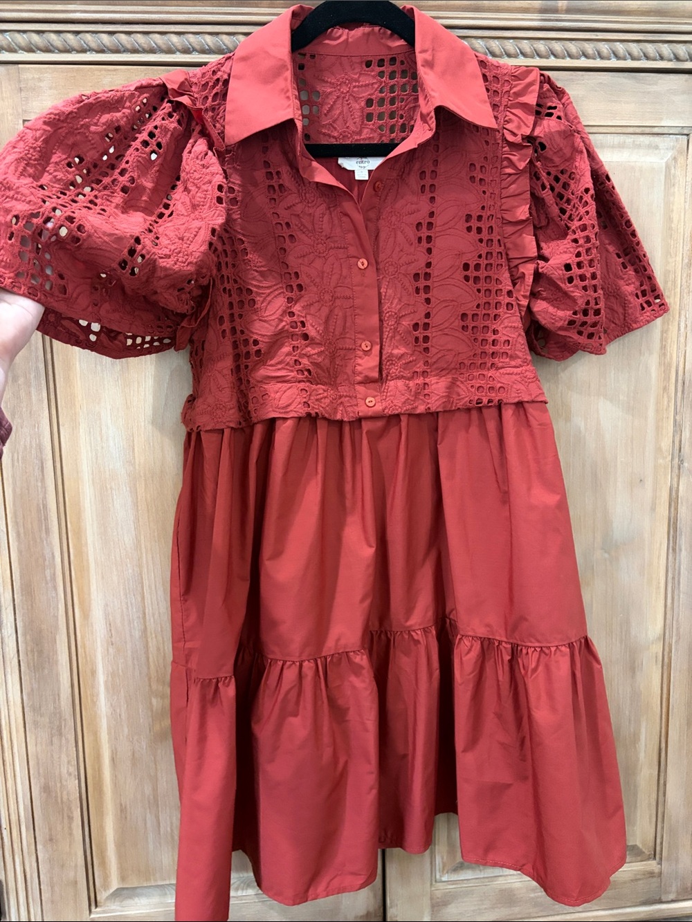 Entro Tiered Eyelet Shirt Dress in Rust Red